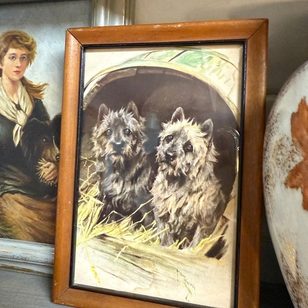 Miniature Vintage Terrier Dogs Drawing in Wood Frame - Picture 2 of 6
